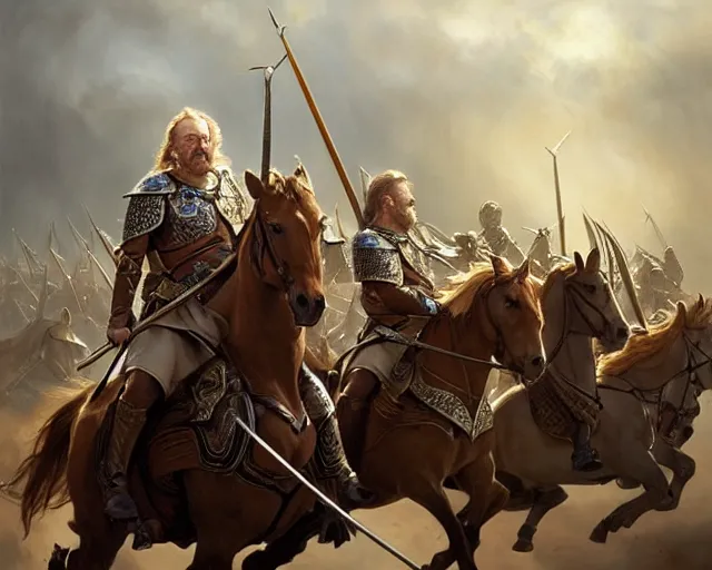 Image similar to king theoden charging the battlefield on horseback with an army of horses behind him, deep focus, d & d, fantasy, intricate, elegant, highly detailed, digital painting, artstation, concept art, matte, sharp focus, illustration, hearthstone, art by artgerm and greg rutkowski and alphonse mucha