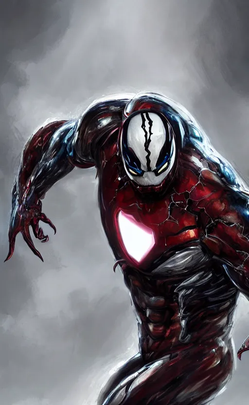 Image similar to venom as ironman, dynamic lighting, photorealistic fantasy concept art, trending on art station, stunning visuals, terrifying, creative, cinematic