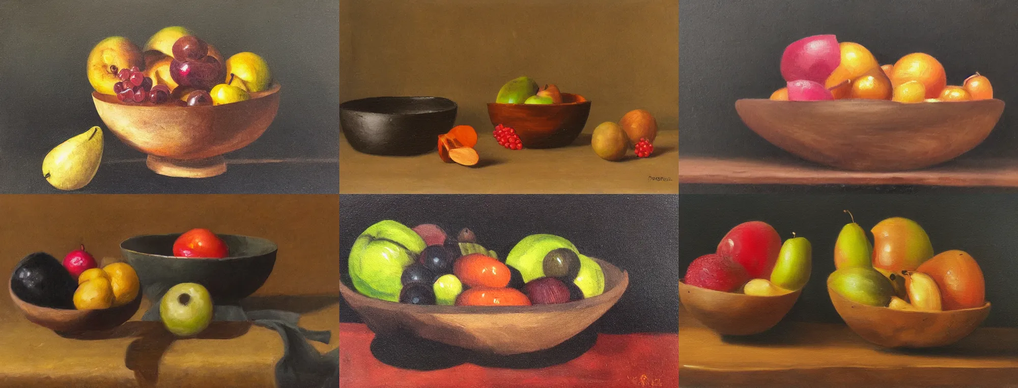 Prompt: a wooden bowl with impossible fruits, oil painting, dead nature study