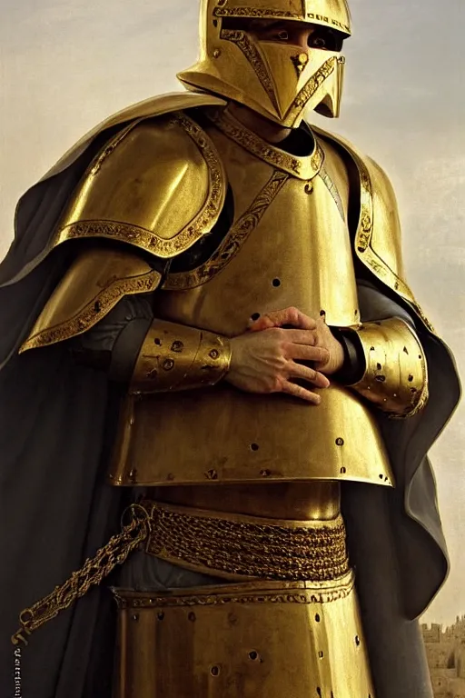 Prompt: man in decorated with gold in baroque style 15 century christian crusader armor, helmet hiding his face and white cape standing at the gates of jerusalem drawn by greg rutkowski realistic high detail
