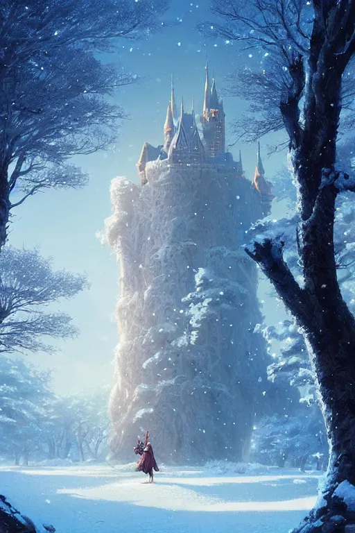 Image similar to giant tree in snow with a castle, unreal engine, fantasy art by greg rutkowski, loish, rhads, ferdinand knab, makoto shinkai and lois van baarle, ilya kuvshinov, rossdraws, tom bagshaw, global illumination, radiant light, detailed and intricate environment