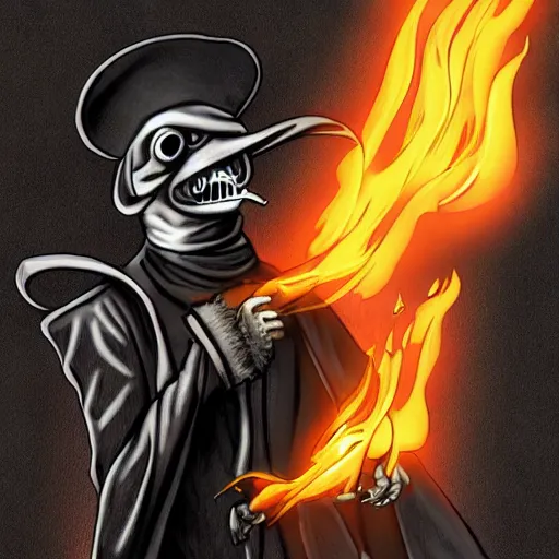 Image similar to a plague doctor with a skull surrounded by fire using black magic, ghost rider, ghost rider movie, studio quality, digital art, detailed anime