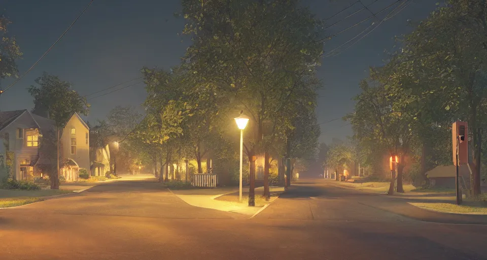 Image similar to a quaint suburban street at night, realistic rendering, unreal engine, 4k, hdr, high dynamic range, f12, by simon stalenhag