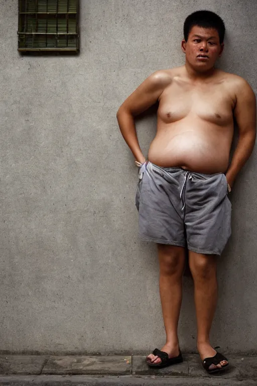 Image similar to Full-length portrait of a handsome!! young pregnant!! male on the streets of Hong Kong, with a big round belly, talking on his phone, wearing shorts, 2008, ultra detailed photograph, photographed by Annie Leibovitz and Steve McCurry