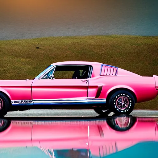 Image similar to long shot of 1967 Ford mustang Shelby GT500 in pink color at sunset in front a beach, 8k, amazing reflection on the car, UHD Photography