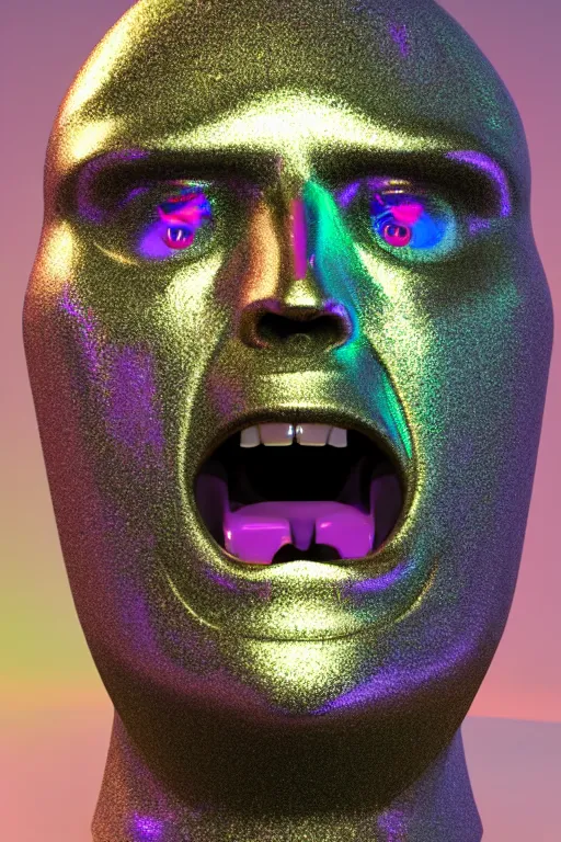 Image similar to 3d render of holographic angry human robotic screaming angry bust made of glossy iridescent, screaming, bust, surrealistic 3d illustration of a human non-binary, non binary model, 3d model human, cryengine, made of holographic texture, holographic material, holographic rainbow, concept of cyborg and artificial intelligence