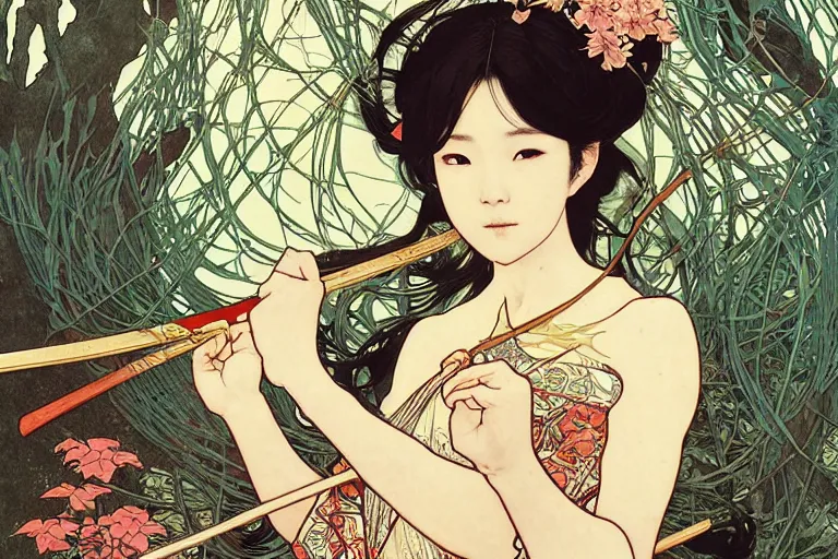 Prompt: beautiful cinematic fantasy poster, asian woman with 2 left arms side view using a bokken in forest ; intricate complexity, by shigenori soejima, krenz cushart, alphonse mucha, takato yamamoto, conrad roset, 4 k, beautiful, high quality - h 9 6 0