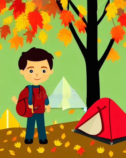 Image similar to autumn hillside boy with camping bag illustration light color