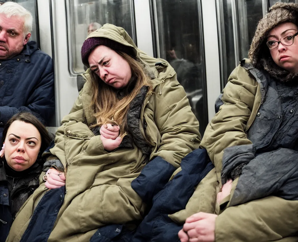 Prompt: a sad woman in a parka who looks like a cross between Chloe Sevigney and Aubrey Plaza, sits next to a slightly overweight friendly middle-aged German businessman, with short blond hair and a mustache, in a Chicago subway train, medium shot from a 3/4 angle, showing full figures, drawn in the style of Daniel Clowes and Adrian Tomine and Gabrielle Bell