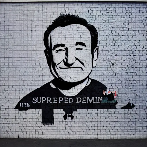 Prompt: robin williams street art mural by supreme x kaws x haruki murakami : 1 high contrast, hard edges, matte painting, geometric shapes, masterpiece : 1