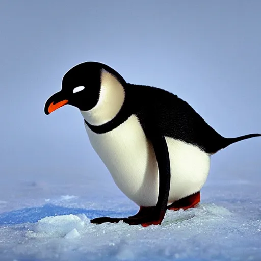 Image similar to hyperrealistic photo of pingu in real life, an arctic wildlife photographer's picture, extremely detailed, impressive shading, snowscapes in the beakground