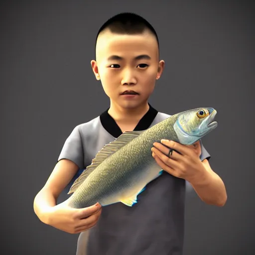 Image similar to dramatic portrait of chinese boy with buzz cut, holding a fish, low poly 3 d render