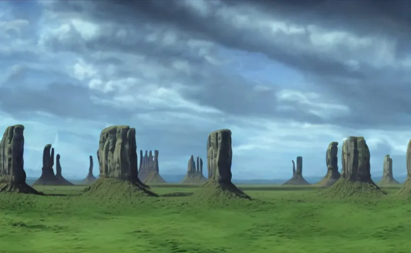 Image similar to a hyperrealist cell - shaded cartoon movie still from howl's moving castle ( 2 0 0 4 ) of a city in a flooded stonehenge monument valley. a rainforest is in the background with shafts of sunlight from above. very dull muted colors, hd, 4 k, hq