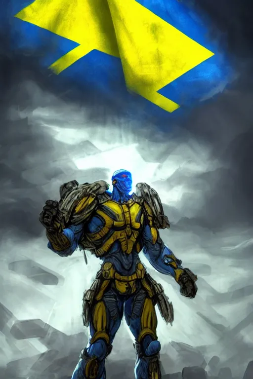 Image similar to a full body shot from distance of a super soldier with a Ukrainian blue and yellow stripes flag standing in the beam of light from the clouds on a pile of skulls and rotten cars as a winner, masculine figure, D&D, fantasy, intricate, elegant, highly detailed, digital painting, artstation, concept art, matte, sharp focus, symmetrical, illustration, hyperrealistic, art by Artgerm and Greg Rutkowski and Alphonse Mucha