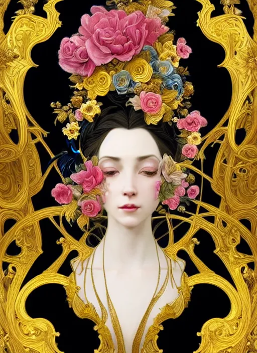 Image similar to beautiful black blue yellow, complicated gold and pink flowers in baroque style headwears, dark fantasy, intricate, elegant, highly detailed, digital painting, artstation, concept art, matte, 3 d 8 k octane rendered, sharp focus, illustration, octane rendered, art by artgerm and alphonse mucha, leesha hannigan