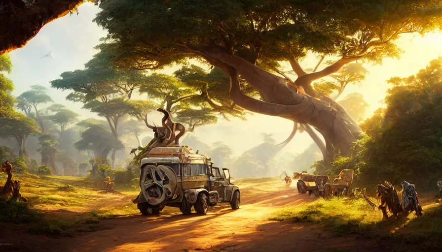 Image similar to mahindra that driving through madagascar road with baobabs trees, animals running along, artgerm and greg rutkowski and alphonse mucha, an epic fantasy, volumetric light, detailed, establishing shot, an epic fantasy, trending on art station, octane render, midsommar