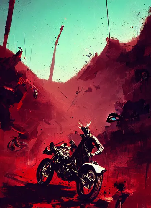 Image similar to horror art, motorbikers race in hell, red peaks in the background, art by ismail inceoglu