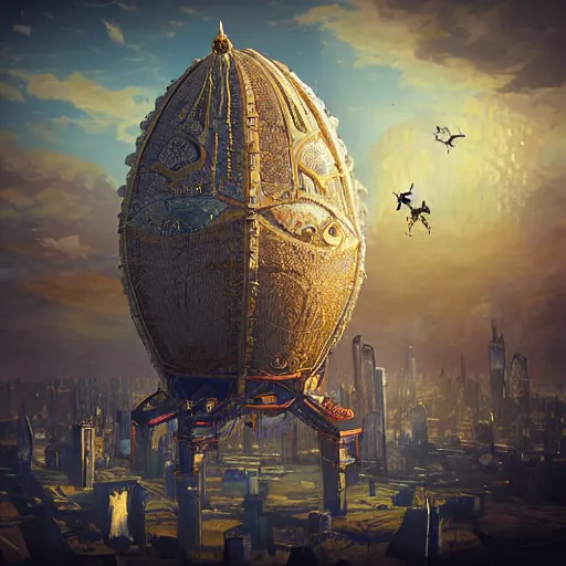 Image similar to enormous flying city!! in a gigantic faberge egg, sky!!!, steampunk, aetherpunk, fantasy art, unreal engine,