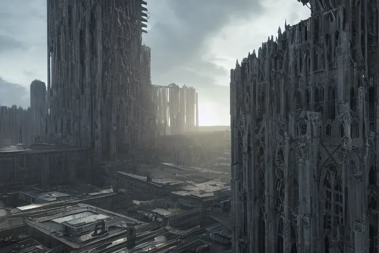 Image similar to extremely detailed cathedral of brutalist architecture, buildings covered with greebles, stunning volumetric light, sunset, metal, concrete and translucent material, stunning skies, majestic landscape, trending on Artstation, 8k, photorealistic, hyper detailed, unreal engine 5, IMAX quality, cinematic, epic lighting, in the style of Greg Rutkowski