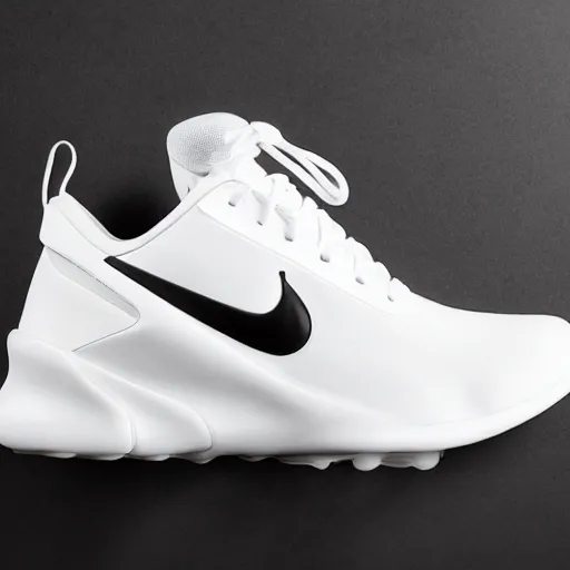 Image similar to a futuristic white nike shoe inspired by spaceship, sci fi with technical mech details and jelly like midsole