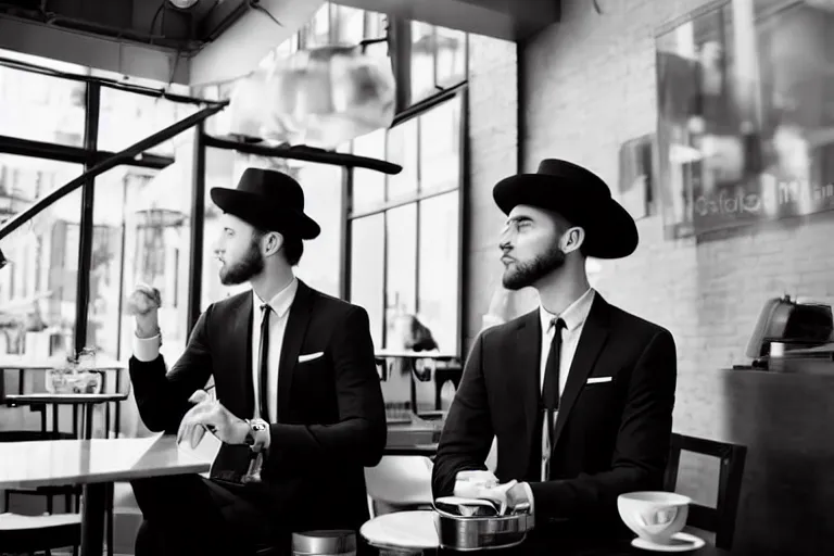 Image similar to still photo of new york men wearing suit and hat at a cafe, black and white color aesthetic, highly detailed, photorealistic portrait, bright studio setting, studio lighting, crisp quality and light reflections, unreal engine 5 quality render