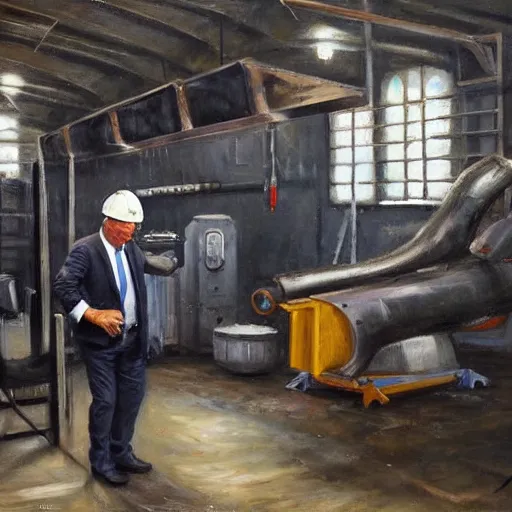 Prompt: viktor orban in a metal workshop, oil painting