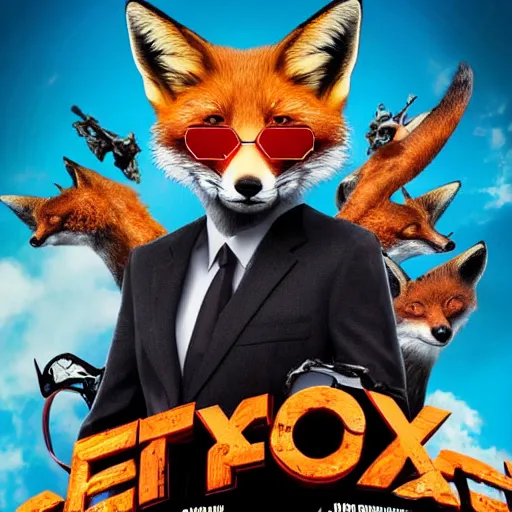 Prompt: epic action adventure movie poster featuring an anthropomorphic fox with cool metal framed sunglasses, wearing a black suit, lots of fried chicken flying in the background, promotional media