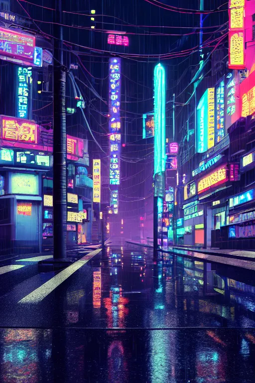 Prompt: isometric view of a cyberpunk neo-Tokyo street with illuminated signs and wet pavement, by Andrei Riabovitchev, Shaun Tan, Peter Mohrbacher and Takayuk, cinematic, realistic, intricate detail, finely detailed, small details, extra detail, photorealistic, high resolution, 3D, PBR, path tracing, volumetric lighting, octane render, arnold render, 8k