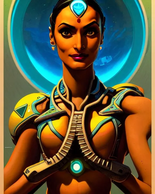 Image similar to symmetra from overwatch, character portrait, portrait, close up, concept art, intricate details, highly detailed, vintage sci - fi poster, retro future, in the style of chris foss, rodger dean, moebius, michael whelan, and gustave dore