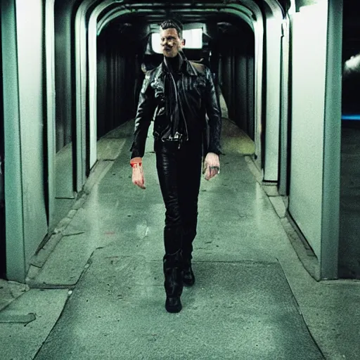 Prompt: man in black leather, out of focus in a brutalist futuristic neon tunnel, glitchpunk thrashcore