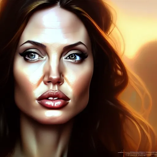 Image similar to beautiful digital painting of young angelina jolie background with high detail, 8 k, stunning detail, photo by artgerm, greg rutkowski and alphonse mucha, unreal engine 5, 4 k uhd