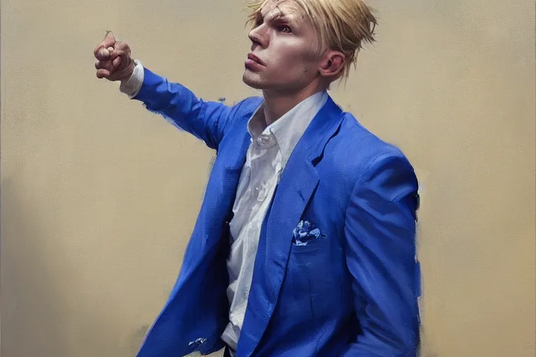 Prompt: greg manchess portrait of a blond man in a blue suit shock of being hurt, organic painting, sunny day, matte painting, bold shapes, hard edges, street art, trending on artstation, by huang guangjian, gil elvgren, ruan jia, randy vargas, greg rutkowski