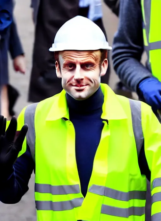 Image similar to macron wearing hivis coat, hard hat and rubber gloves