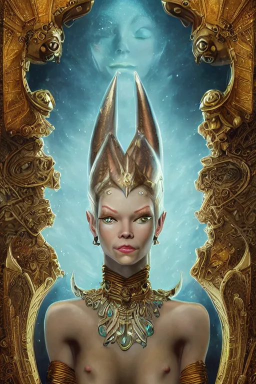 Image similar to portrait of a beautiful female hybrid atlantean anubis elsa jean, alien warrior regal, realistic, refined, detailed, digital art, michael cheval, esao andrews, steampunk, walt disney ( 1 9 3 7 ), francois boucher, oil painting, highly detailed, cinematic lighting, unreal engine, 8 k, hd