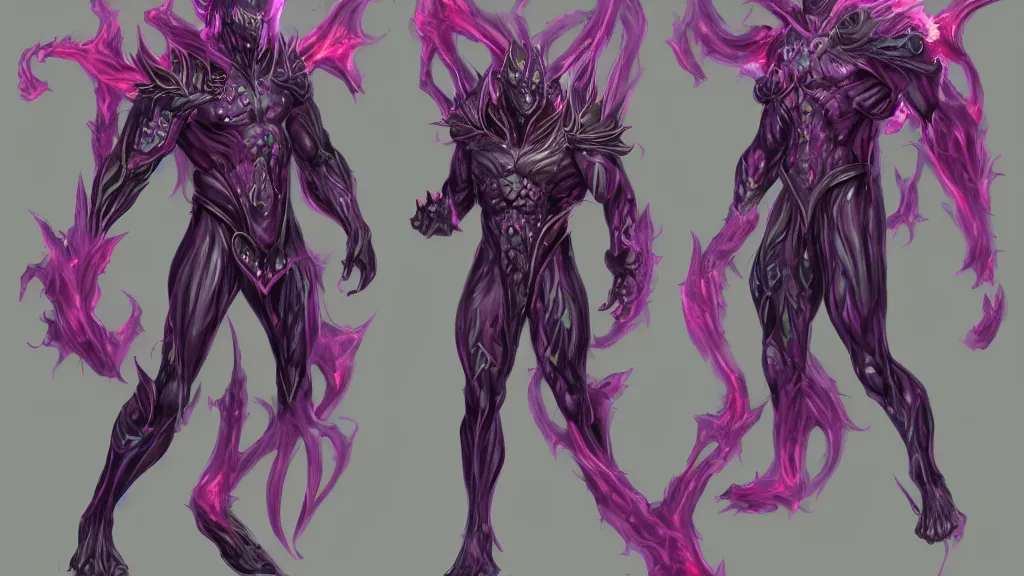 Image similar to a fantasy muscular Bright cosmic void ghost demon with two heads and a long tail character design sheet, trending on artstation