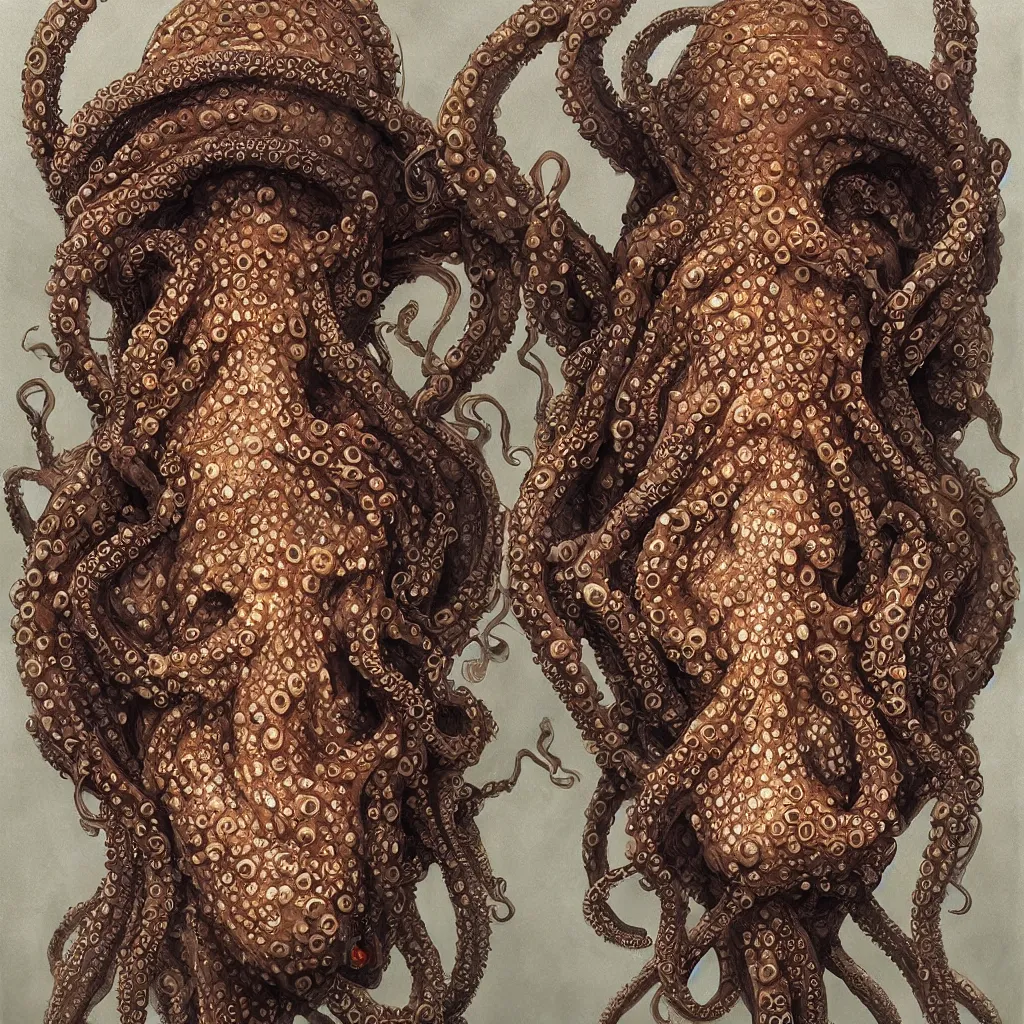 Image similar to beautiful and exotic octopus head bust portrait, glowering judging eyes, art nouveau declotage, perfect symmetrical facial features, hyperrrealistic bone structure, extremely hyperdetailed, mixed media painting, unreal engine, 8 k, octane, 8 mm, by travis charest, rodney matthews and chris achilleos
