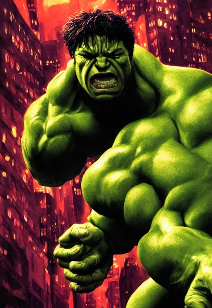 Image similar to a portrait of the incredible hulk looking angry in new york city by alex ross dramatic lighting.