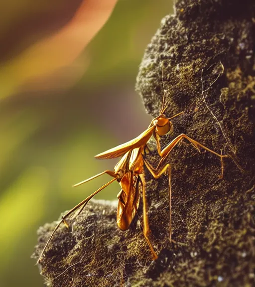 Image similar to super macro photo of a golden mantis on a flower in a forest. dof. bokeh. magical atmosphere. art by greg rutkowski. lifelike. very detailed 8 k. intricate. soft light. nikon d 8 5 0.