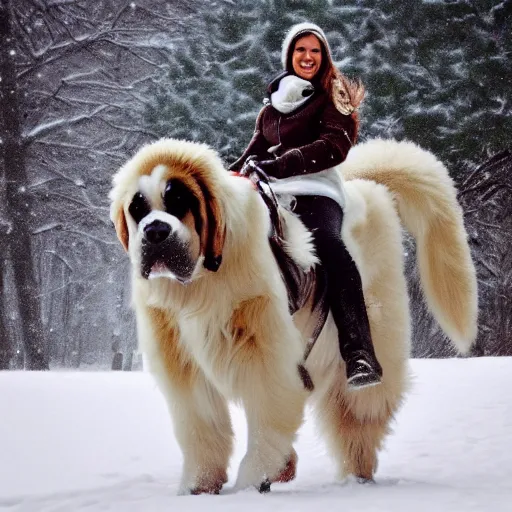 Image similar to girl riding a giant saint Bernard in a snowy park, trending on artstation