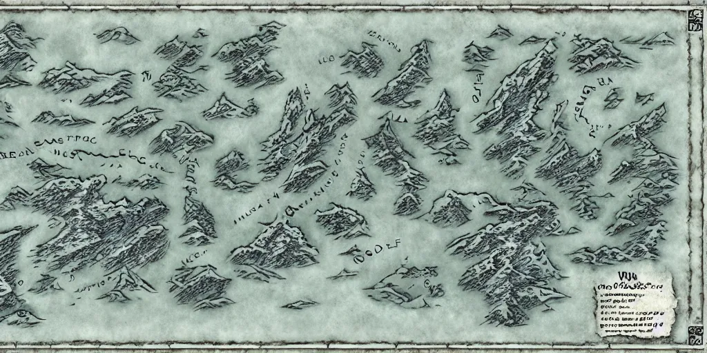 Image similar to Map of the realm of the wolf crew. Wolf face map. wolves. Ancient magic, medieval fantasy map, mountains, islands, forests. Map-style Skyrim, Lord of the rings map, zelda breath of the wild map, video game style, drawing on a parchment