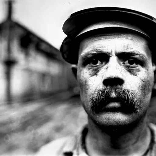 Image similar to portrait of coal mine worker by Diane Arbus, 50mm, bokeh