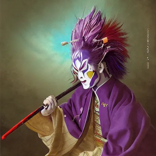 Image similar to portrait of an insane kabuki man wielding a spear covered in a distorting aura, intricate purple hakama, poofy red wig, eerie, highly detailed, dark fantasy, shallow depth of field, art by artgerm and greg rutkowski