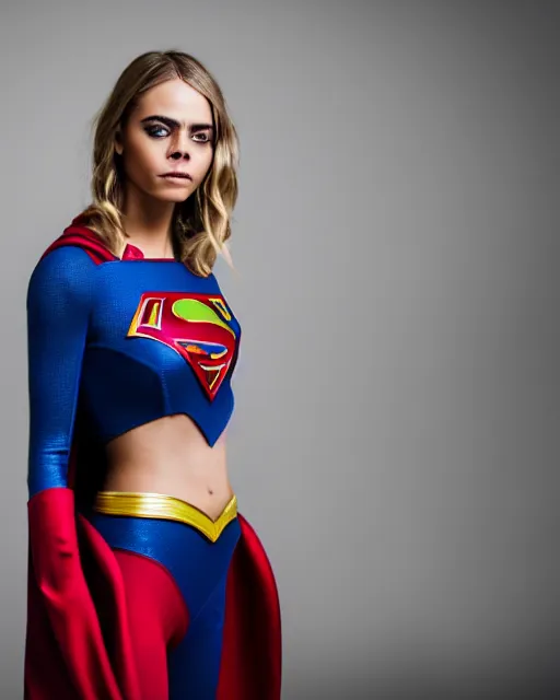 Prompt: high quality presentation photo of a cara delevigne as supergirl, photography 4k, f1.8 anamorphic, bokeh, 4k, Canon, Nikon