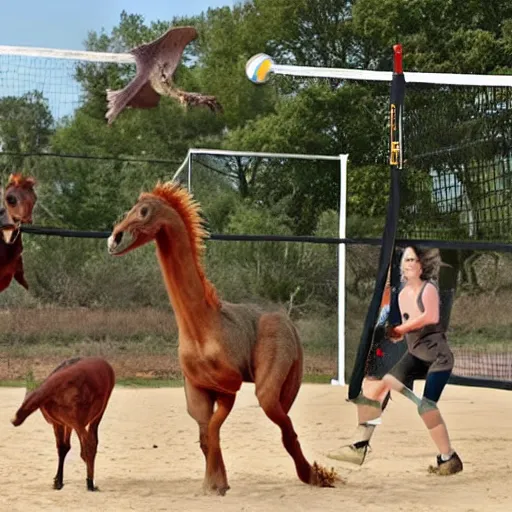 Prompt: horses and a velociraptors playing volleyball