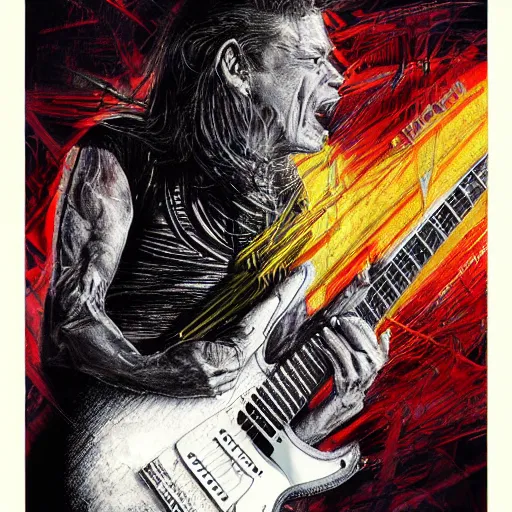 Image similar to A stunning illustration of eddie van halen playing guitar on stage, hyperdetailed mixed media artwork combining the styles of Stephen Gammell and Bill Sienkiewicz, wild power, frantic excitement, perfectly symmetrical facial features, 8k, deeply detailed, cinematic lighting