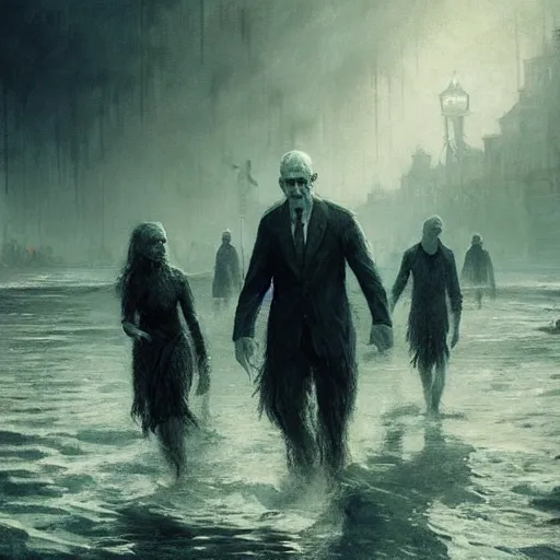 Image similar to shadow over innsmouth, people walking out of the water, painted by seb mckinnon, high detail, dramatic light, digital art, painted by greg rutkowski, promotional movie posterart, trending on artstation