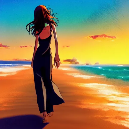 Image similar to Beautiful woman walking on a beach, anime art style inspired, high quality, trending, sunset