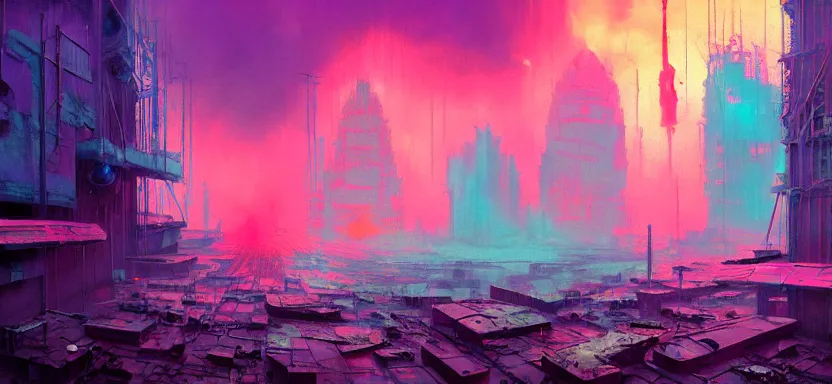 Prompt: beautiful masterpiece painting of a dystopian city in a future radioactive glowing swamp, cryogenic day spa treatment, grunge cyberpunk, by Remedios Varo and Anato Finnstark and Greg Rutkowski, dayglo pink, dayglo blue, by Craig Mullins, ilya kuvshinov, krenz cushart, artgerm, 8k, trending on ArtStation