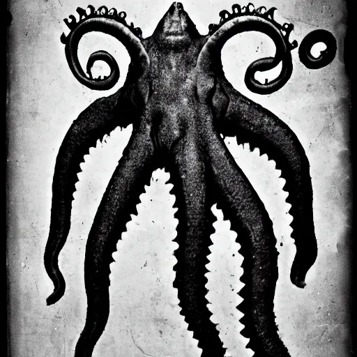 Prompt: a black and white photo of a lovecraftian creature