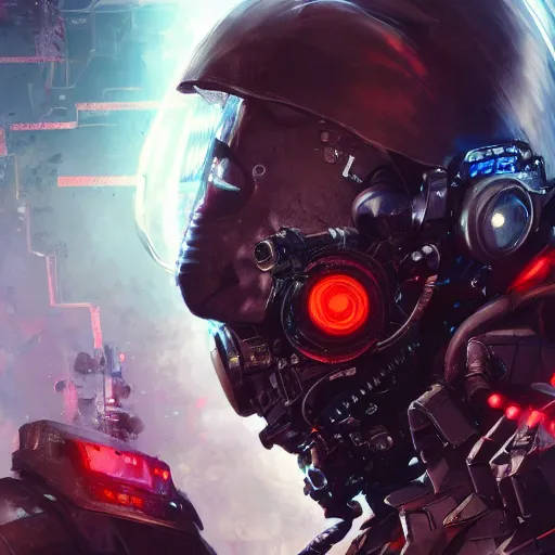 Image similar to highly detailed portrait of a post-cyberpunk robotic HeadHunterz ((HeadHunterz)) by Akihiko Yoshida, Greg Tocchini, Greg Rutkowski, Cliff Chiang, 4k resolution, persona 5 inspired, hardstyle music inspiration